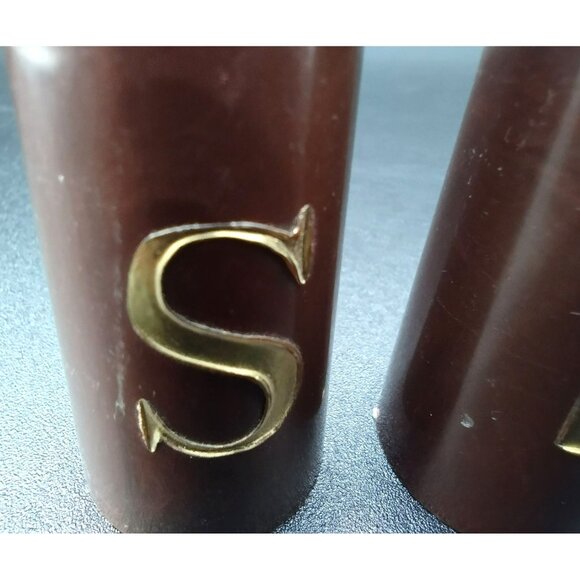 Salt Pepper Shakers MCM Brown White Gold Lettering Vintage Lazy Susan Style - Picture 9 of 14